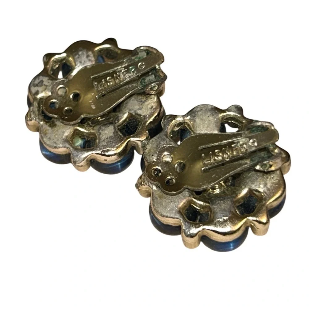 Lisner Vintage Blue Cats Eye Cabochon Floral Cluster‎ Clip On Earrings Gold Tone